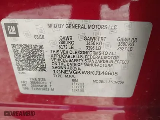 2019 Chevrolet Traverse LT Cloth with VIN 1GNEVGKW8KJ146605, listed as a IAAI auction lot 41437513 with 88,509 mi miles. Bid and sale history available at carsss.com. Image 9.