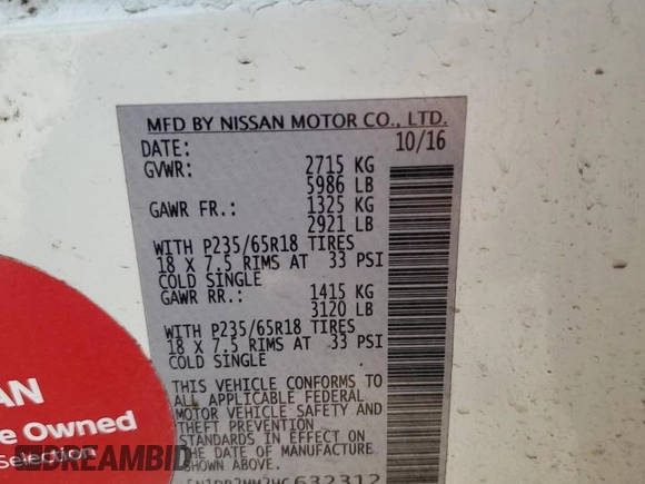 2017 Nissan Pathfinder S with VIN 5N1DR2MM2HC632312, listed as a Copart auction lot 53745965 with 160,305 mi miles and Clean title. Bid and sale history available at DreamBid. Image 13.