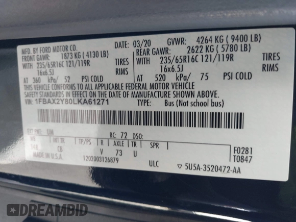 2020 Ford Transit Passenger XL with VIN 1FBAX2Y80LKA61271, listed as a IAAI auction lot 41497835 with 105,880 mi miles and . Bid and sale history available at DreamBid. Image 9.