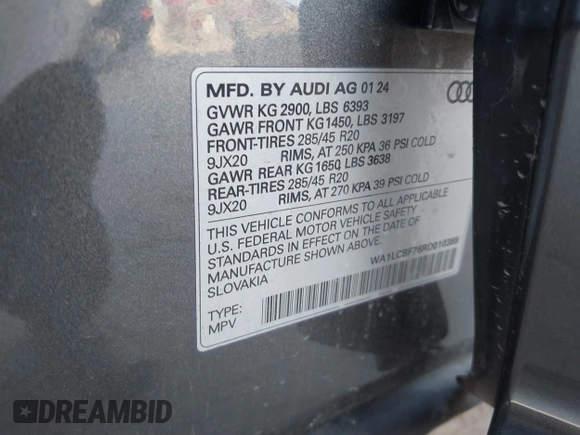 2024 Audi Q7 Premium Plus with VIN WA1LCBF76RD010388, listed as a IAAI auction lot 41295943 with 6,950 mi miles and . Bid and sale history available at DreamBid. Image 9.