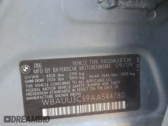 2010 BMW 3 Series 328i xDrive with VIN WBAUU3C59AA544780, listed as a Copart auction lot 50267095 with Not Provided miles and Salvage Title. Bid and sale history available at DreamBid. Image 13.