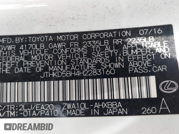 2017 Lexus CT 200h with VIN JTHKD5BH4H2283160, listed as a IAAI auction lot 42383036 with 115,582 mi miles and . Bid and sale history available at DreamBid. Image 9.