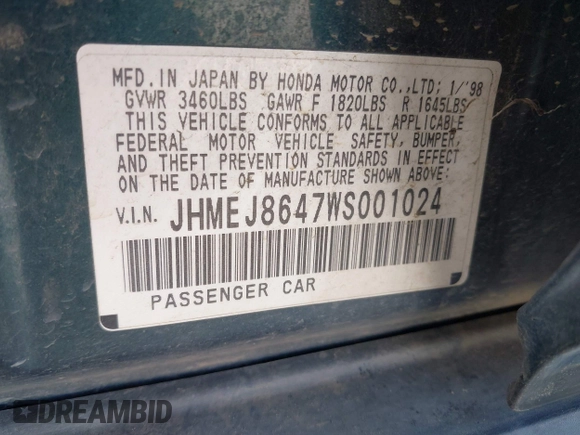 1998 Honda Civic EX with VIN JHMEJ8647WS001024, listed as a IAAI auction lot 41956420 with 198,954 mi miles. Bid and sale history available at carsss.com. Image 9.