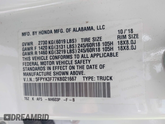 2019 Honda Ridgeline RTL-E with VIN 5FPYK3F77KB021667, listed as a IAAI auction lot 42115019 with 87,221 mi miles and . Bid and sale history available at DreamBid. Image 9.
