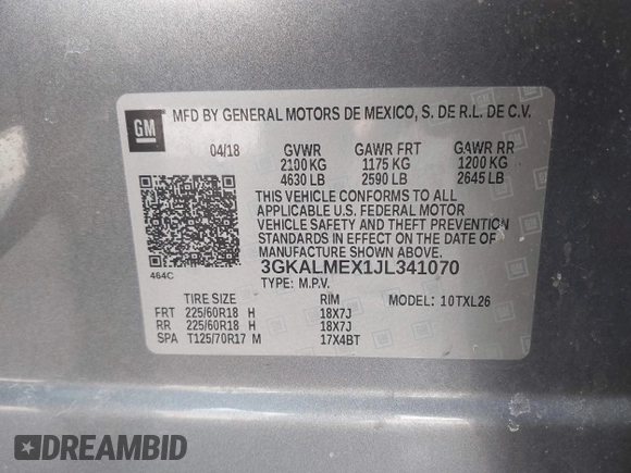 2018 GMC Terrain SLE with VIN 3GKALMEX1JL341070, listed as a IAAI auction lot 41692565 with 128,677 mi miles. Bid and sale history available at carsss.com. Image 9.
