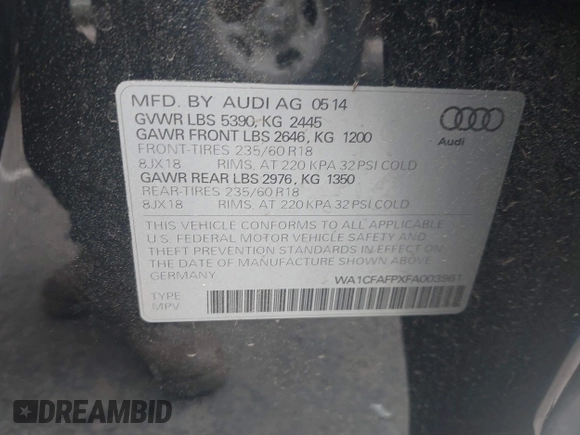 2015 Audi Q5 Premium with VIN WA1CFAFPXFA003961, listed as a IAAI auction lot 42061872 with 150,601 mi miles. Bid and sale history available at carsss.com. Image 9.
