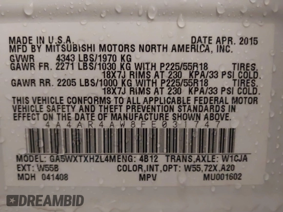 2015 Mitsubishi Outlander Sport 2.4 GT with VIN 4A4AR4AW8FE031747, listed as a IAAI auction lot 41487793 with 96,991 mi miles. Bid and sale history available at carsss.com. Image 9.