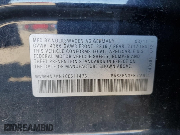 2012 Volkswagen CC Lux with VIN WVWHN7AN7CE511476, listed as a Copart auction lot 49406935 with 145,941 mi miles and Salvage Title. Bid and sale history available at carsss.com. Image 12.