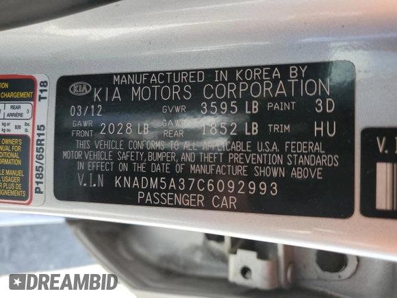 2012 Kia Rio LX with VIN KNADM5A37C6092993, listed as a Copart auction lot 48458034 with 108,314 mi miles and Salvage Title. Bid and sale history available at DreamBid. Image 12.