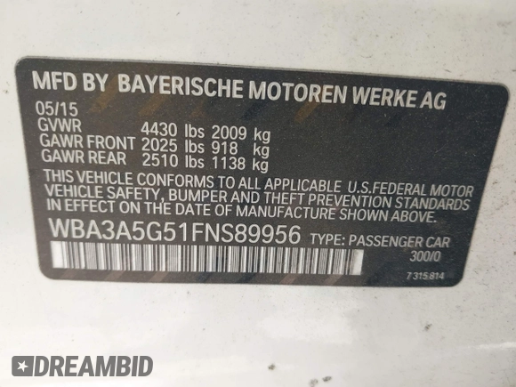 2015 BMW 3 Series 328i with VIN WBA3A5G51FNS89956, listed as a IAAI auction lot 42012575 with 121,246 mi miles. Bid and sale history available at carsss.com. Image 9.