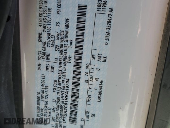 2024 Ford Transit Cargo with VIN 1FTBR2C81RKA19704, listed as a Copart auction lot 65252654 with Not provided miles and Salvage title. Bid and sale history available at DreamBid. Image 14.