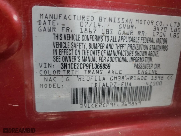 2015 Nissan Versa Note SR with VIN 3N1CE2CP9FL369859, listed as a Copart auction lot 46931965 with 105,492 mi miles and Salvage Title. Bid and sale history available at carsss.com. Image 12.