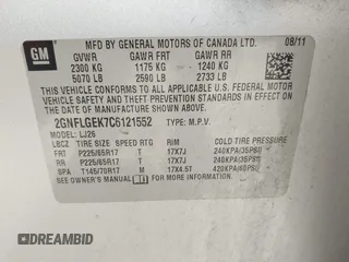2012 Chevrolet Equinox LTZ with VIN 2GNFLGEK7C6121552, listed as a IAAI auction lot 41644345 with 203,702 mi miles. Bid and sale history available at carsss.com. Image 9.