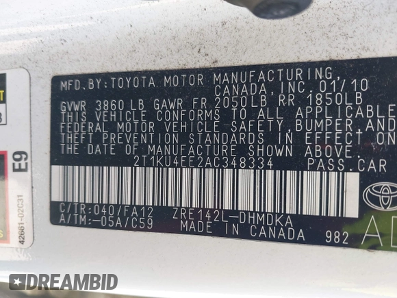 2010 Toyota Matrix with VIN 2T1KU4EE2AC348334, listed as a IAAI auction lot 41806058 with 230,549 mi miles. Bid and sale history available at carsss.com. Image 9.