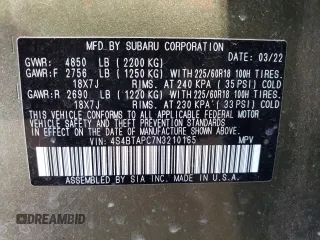 2022 Subaru Outback Touring with VIN 4S4BTAPC7N3210165, listed as a Copart auction lot 56468405 with 42,598 mi miles and Salvage title. Bid and sale history available at DreamBid. Image 14.