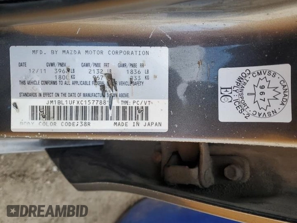 2012 Mazda 3 i Sport with VIN JM1BL1UFXC1577881, listed as a Copart auction lot 50912085 with 230,436 mi miles and Salvage Title. Bid and sale history available at DreamBid. Image 13.
