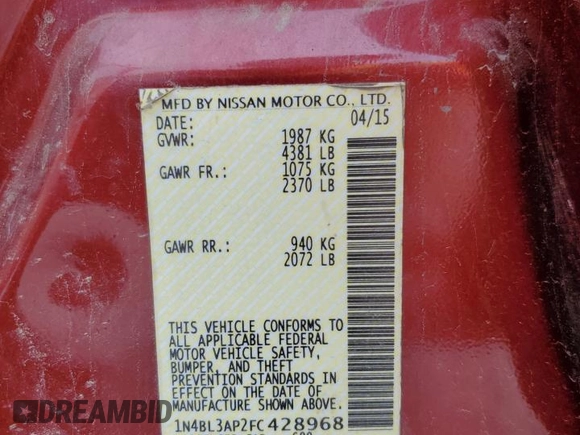 2015 Nissan Altima S z VIN 1N4BL3AP2FC428968, wystawiony jako Copart lot #56876615 z przebiegiem 150 785 mil mil oraz Szkoda całkowita • Salvage title. Historia ofert i sprzedaży dostępna na DreamBid. Obrazek 12.
