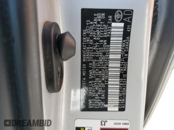 2013 Toyota Corolla L with VIN 2T1BU4EE3DC082908, listed as a Copart auction lot 52219795 with 175,604 mi miles and Salvage Title. Bid and sale history available at carsss.com. Image 12.