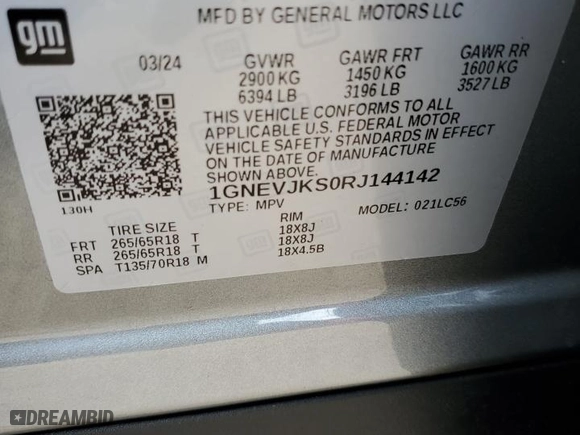 2024 Chevrolet Traverse AWD Z71 with VIN 1GNEVJKS0RJ144142, listed as a Copart auction lot 74747334 with 6,711 mi miles and Salvage Title. Bid and sale history available at carsss.com. Image 15.