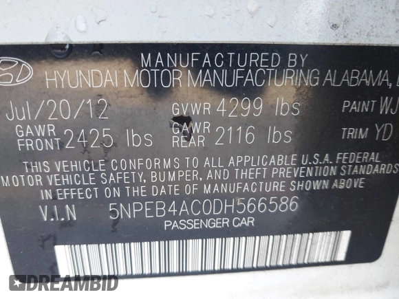2013 Hyundai Sonata GLS with VIN 5NPEB4AC0DH566586, listed as a IAAI auction lot 42329993 with 118,089 mi miles and . Bid and sale history available at DreamBid. Image 9.