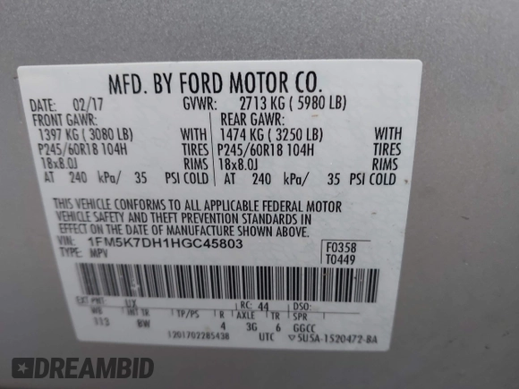 2017 Ford Explorer XLT с VIN 1FM5K7DH1HGC45803, выставлен на аукционе IAAI как лот 42274276 с пробегом 116 310 миль миль и . История ставок и продаж доступна на DreamBid. Изображение 9.
