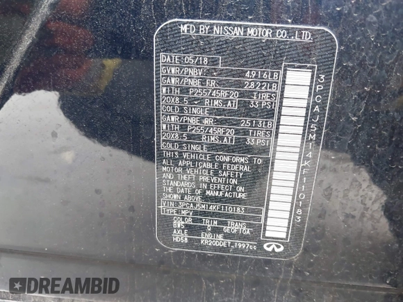 2019 Infiniti QX50 Luxe with VIN 3PCAJ5M14KF110183, listed as a IAAI auction lot 42323546 with 63,757 mi miles and . Bid and sale history available at DreamBid. Image 9.