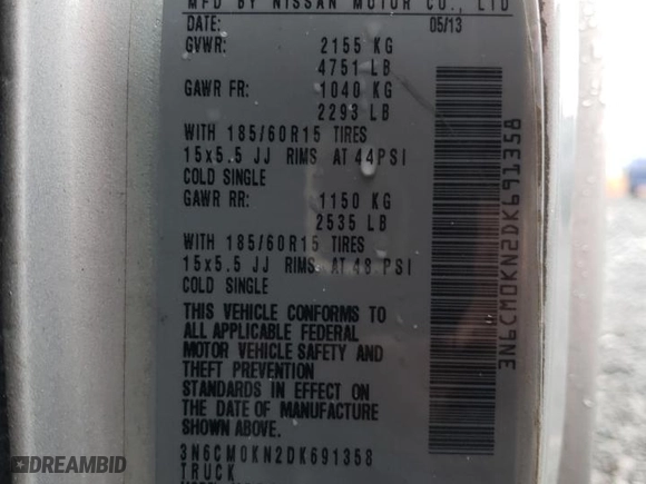 2013 Nissan NV200 SV with VIN 3N6CM0KN2DK691358, listed as a Copart auction lot 85540004 with 0 miles and Salvage Title. Bid and sale history available at carsss.com. Image 14.