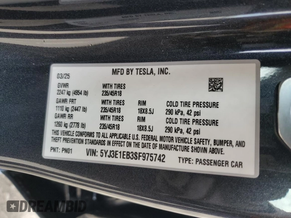 2025 Tesla Model 3 Long Range with VIN 5YJ3E1EB3SF975742, listed as a Copart auction lot 53003905 with 639 mi miles and Salvage title. Bid and sale history available at DreamBid. Image 12.