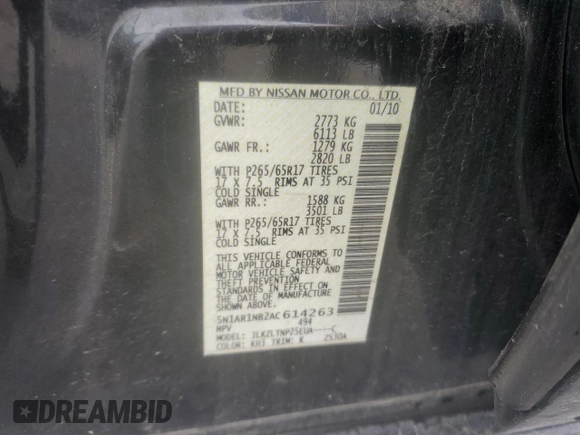 2010 Nissan Pathfinder SE with VIN 5N1AR1NB2AC614263, listed as a Copart auction lot 60896495 with 160,252 mi miles and Salvage title. Bid and sale history available at DreamBid. Image 13.