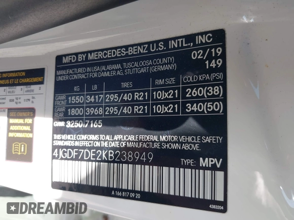 2019 Mercedes-Benz GLS 550 with VIN 4JGDF7DE2KB238949, listed as a IAAI auction lot 42055169 with 70,551 mi miles and . Bid and sale history available at DreamBid. Image 9.