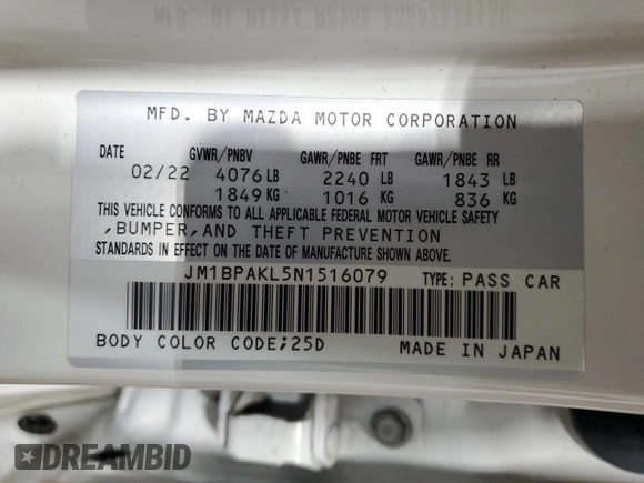 2022 Mazda 3 Select with VIN JM1BPAKL5N1516079, listed as a Copart auction lot 66222425 with 34,790 mi miles and Salvage title. Bid and sale history available at DreamBid. Image 12.