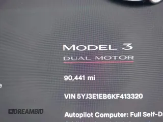 2019 Tesla Model 3 Long Range with VIN 5YJ3E1EB6KF413320, listed as a IAAI auction lot 41760428 with 90,441 mi miles and . Bid and sale history available at DreamBid. Image 14.