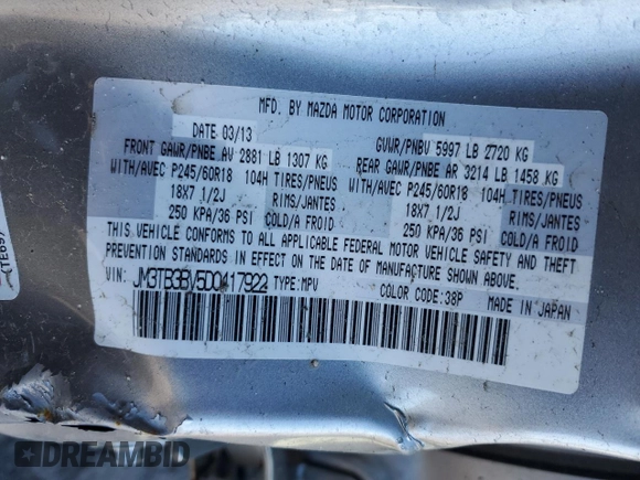2013 Mazda CX-9 Sport с VIN JM3TB3BV5D0417922, выставлен на аукционе Copart как лот 46659525 с пробегом 155 578 миль миль и Списание • Salvage title. История ставок и продаж доступна на DreamBid. Изображение 14.