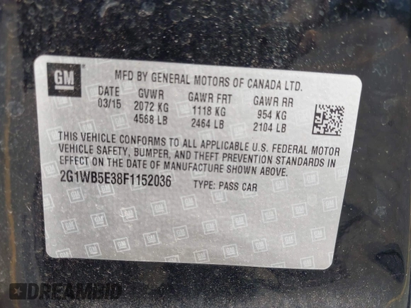 2015 Chevrolet Impala LT с VIN 2G1WB5E38F1152036, выставлен на аукционе IAAI как лот 42379778 с пробегом 95 028 миль миль и . История ставок и продаж доступна на DreamBid. Изображение 9.
