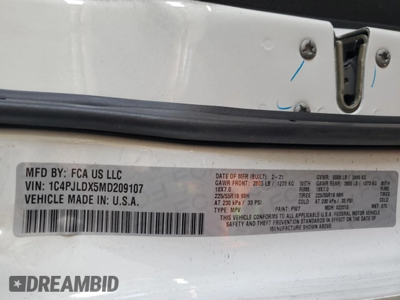 2021 Jeep Cherokee Limited with VIN 1C4PJLDX5MD209107, listed as a Copart auction lot 60731505 with Not provided miles and Salvage title. Bid and sale history available at DreamBid. Image 12.