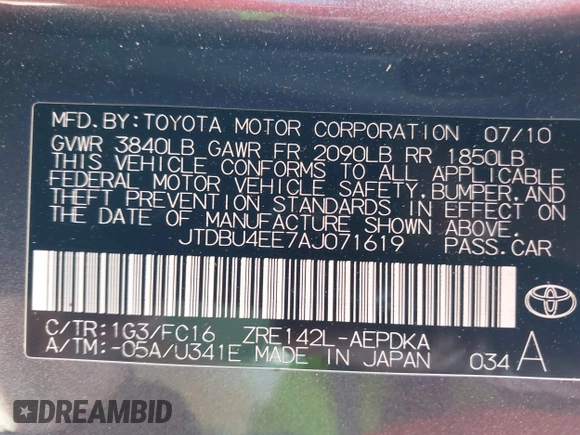 2010 Toyota Corolla with VIN JTDBU4EE7AJ071619, listed as a IAAI auction lot 40973707 with 130,047 mi miles and . Bid and sale history available at DreamBid. Image 9.