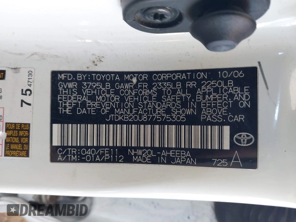 2007 Toyota Prius with VIN JTDKB20U877575305, listed as a IAAI auction lot 42130018 with 245,146 mi miles and . Bid and sale history available at DreamBid. Image 9.
