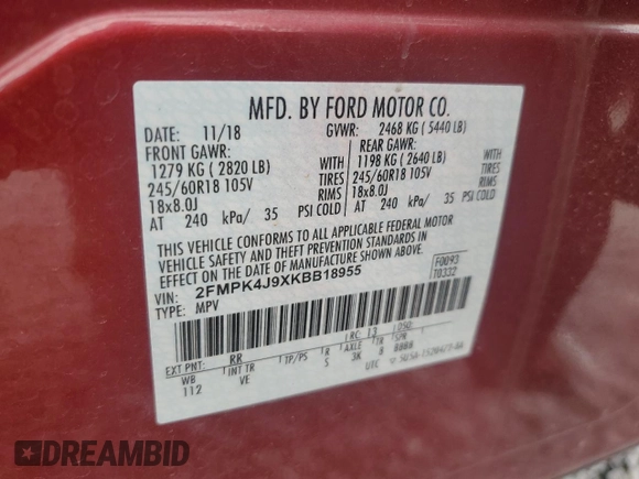 2019 Ford Edge SEL with VIN 2FMPK4J9XKBB18955, listed as a Copart auction lot 54442795 with 72,565 mi miles and Salvage Title. Bid and sale history available at carsss.com. Image 14.