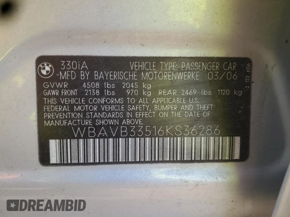 2006 BMW 3 Series 330i with VIN WBAVB33516KS36286, listed as a Copart auction lot 62556015 with 221,032 mi miles and Salvage title. Bid and sale history available at DreamBid. Image 12.