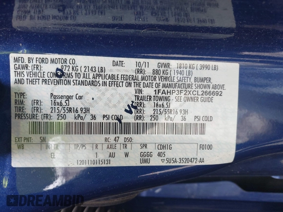 2012 Ford Focus SE with VIN 1FAHP3F2XCL266692, listed as a IAAI auction lot 42130412 with 114,608 mi miles and . Bid and sale history available at carsss.com. Image 9.