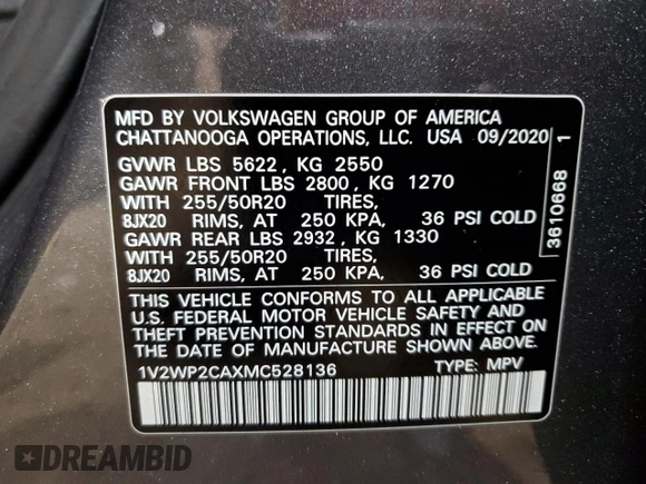 2021 Volkswagen Atlas SE с VIN 1V2WP2CAXMC528136, выставлен на аукционе Copart как лот 84284114 с пробегом 154 044 миль миль и Списание • Salvage title. История ставок и продаж доступна на DreamBid. Изображение 14.