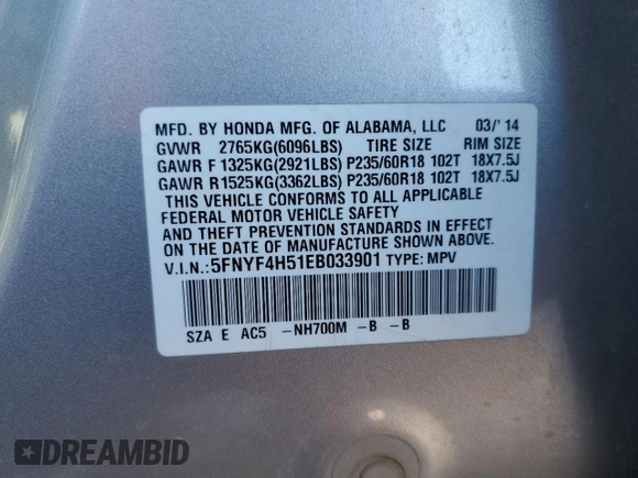 2014 Honda Pilot EX-L with VIN 5FNYF4H51EB033901, listed as a Copart auction lot 50023165 with 79,286 mi miles and Salvage Title. Bid and sale history available at DreamBid. Image 13.