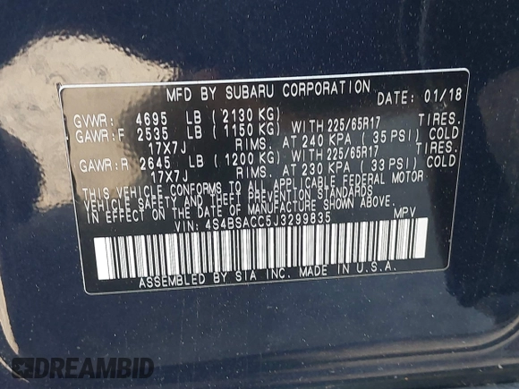 2018 Subaru Outback Premium with VIN 4S4BSACC5J3299835, listed as a IAAI auction lot 42572586 with 53,781 mi miles and . Bid and sale history available at DreamBid. Image 9.