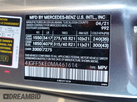2021 Mercedes-Benz GLS 450 with VIN 4JGFF5KE0MA461614, listed as a Copart auction lot 39864104 with 34,534 mi miles and . Bid and sale history available at DreamBid. Image 13.