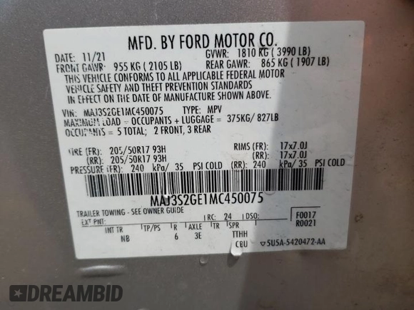 2021 Ford EcoSport SE with VIN MAJ3S2GE1MC450075, listed as a Copart auction lot 51432495 with 79,319 mi miles and Salvage Title. Bid and sale history available at DreamBid. Image 13.