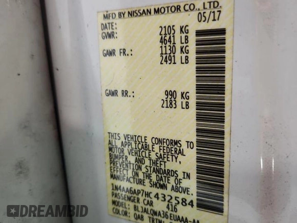 2017 Nissan Maxima SV with VIN 1N4AA6AP7HC432584, listed as a Copart auction lot 62671045 with 117,390 mi miles and Salvage title. Bid and sale history available at DreamBid. Image 12.