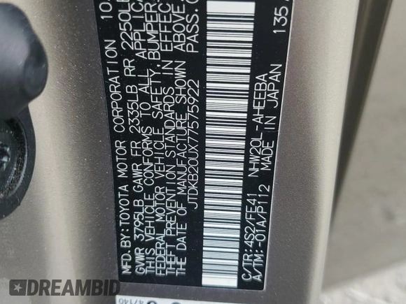 2007 Toyota Prius z VIN JTDKB20UX77575922, wystawiony jako Copart lot #62377125 z przebiegiem 98 347 mil mil oraz Czysty tytuł • Clean title. Historia ofert i sprzedaży dostępna na DreamBid. Obrazek 13.