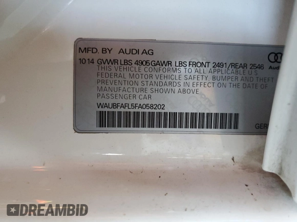 2015 Audi A4 Premium z VIN WAUBFAFL5FA058202, wystawiony jako Copart lot #57152655 z przebiegiem 105 224 mil mil oraz Szkoda całkowita • Salvage title. Historia ofert i sprzedaży dostępna na DreamBid. Obrazek 12.