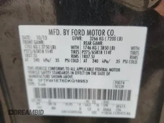 2013 Ford F-150 XL with VIN 1FTFW1ET6DKG18953, listed as a Copart auction lot 59873935 with Not provided miles and Salvage title. Bid and sale history available at DreamBid. Image 12.