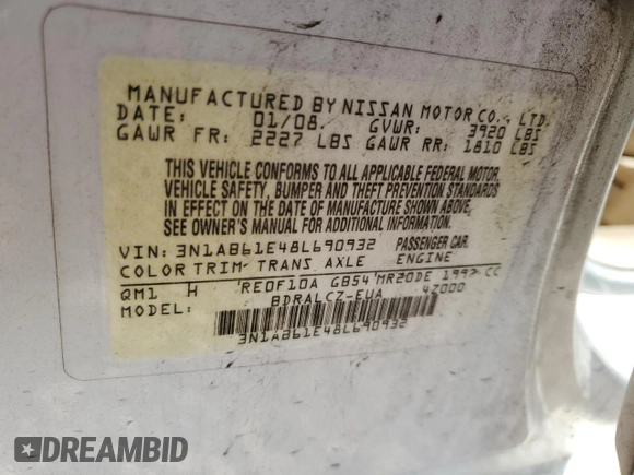 2008 Nissan Sentra S with VIN 3N1AB61E48L690932, listed as a Copart auction lot 62408575 with 186,065 mi miles and Clean title. Bid and sale history available at DreamBid. Image 12.